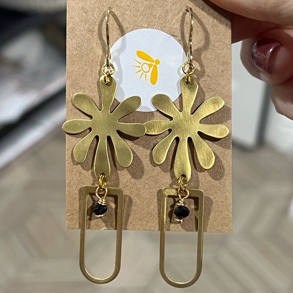 Hand Crafted Raw Brass Flower Power Dangle Earrings - Picture 2 of 5